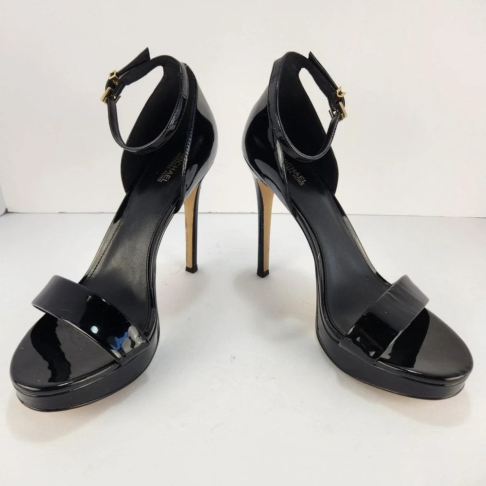 Michael Kors Women's Black Patent Leather Ankle Strap Platform Heels Size 9M